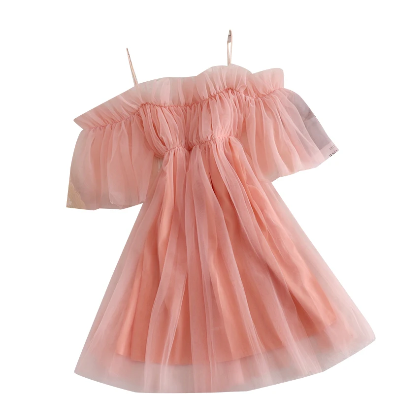 

Sleeveless Organza Dress Women Summer Sweet Pink Robe Gauze Patchwork Mini Dresses Off Shoulders High Waist Slim Vestidos Mujer