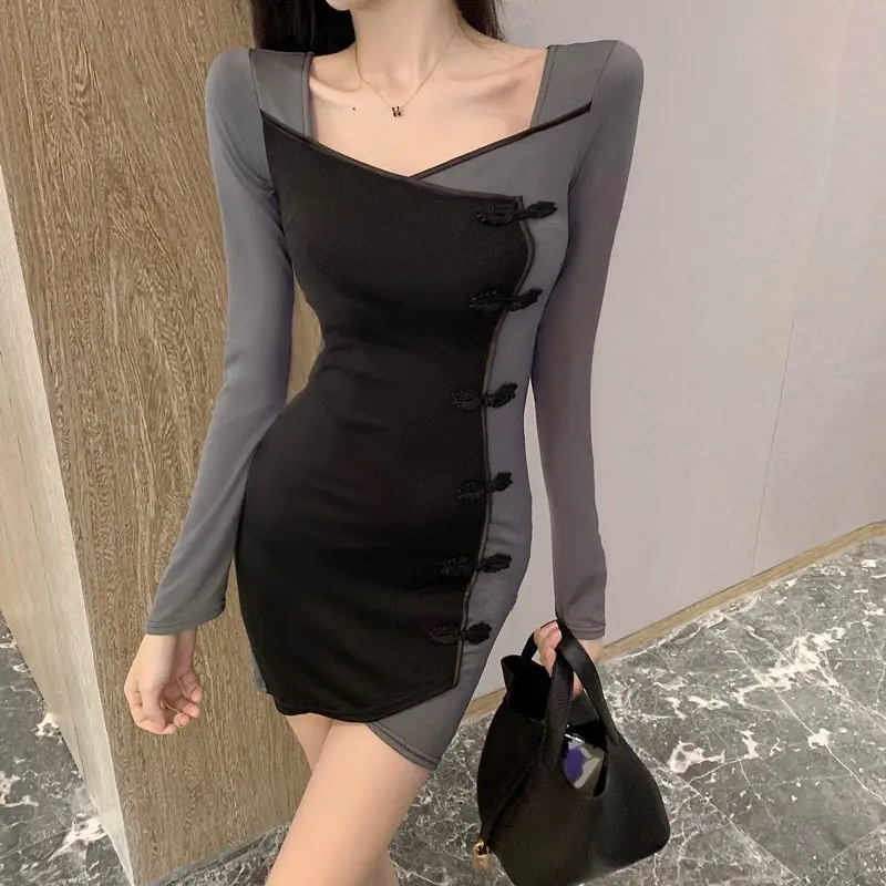 

Real shot 2022 new fashion lady's self-cultivation stitching retro cheongsam dress