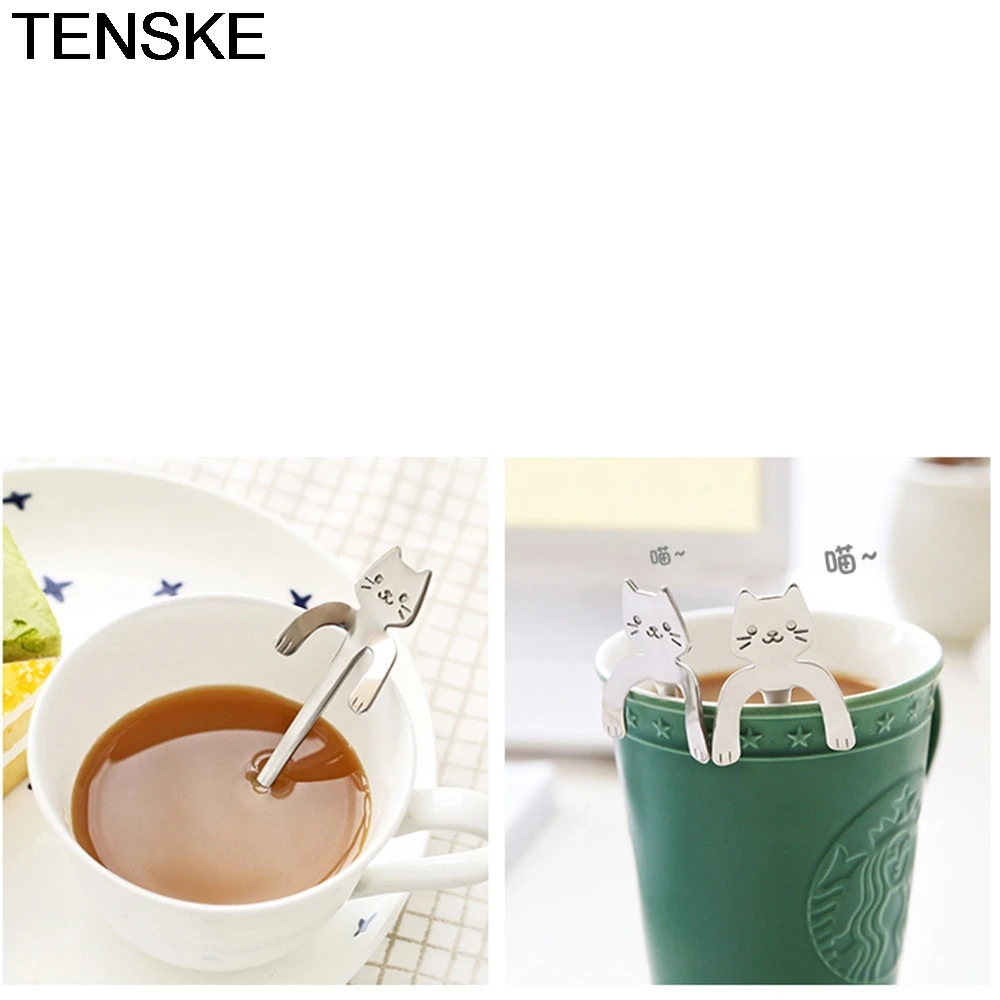 TENSKE Милая кошка ложка Мороженое чайная ложка с длинной ручкой столовые приборы питьевые Инструменты кухонный гаджет кофейная чашка аксессуары ложки SEP