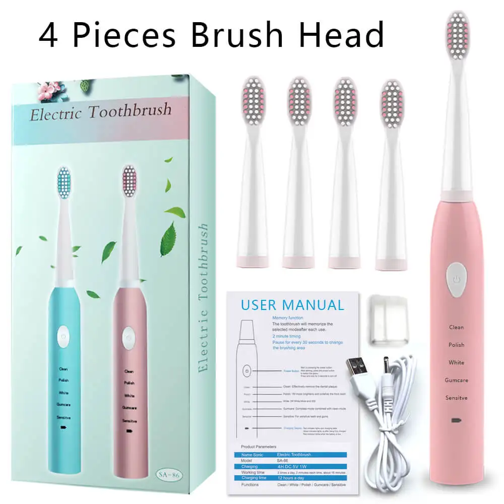 Pink with 4 heads Ультразвуковая электрическая зубная щетка перезаряжаемая Стоматологическая зубная щетка для чистки зубов домашний портативный очиститель пятен Зубная Щетка - Цвет: Pink with 4 heads