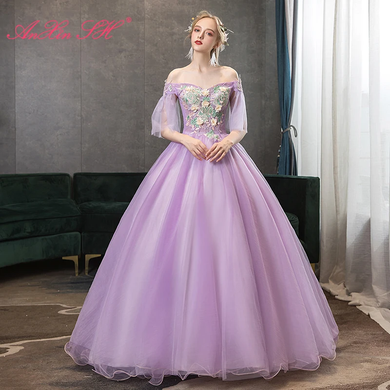 

AnXin SH vintage purple lace boat neck beading pearls pink rose flower bride ball gown princess sparkly illusion evening dress