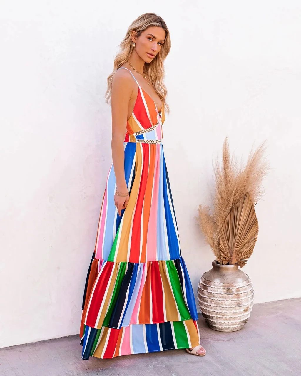 

Sleeveless dress 2021 Europe and the United States foreign trade feeling deep V rainbow stripe dress