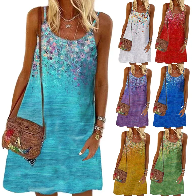 

Новинка лета 2021, женская одежда в европейском и американском стиле, летнее платье без рукавов с принтом, свободная пляжная юбка на бретелях