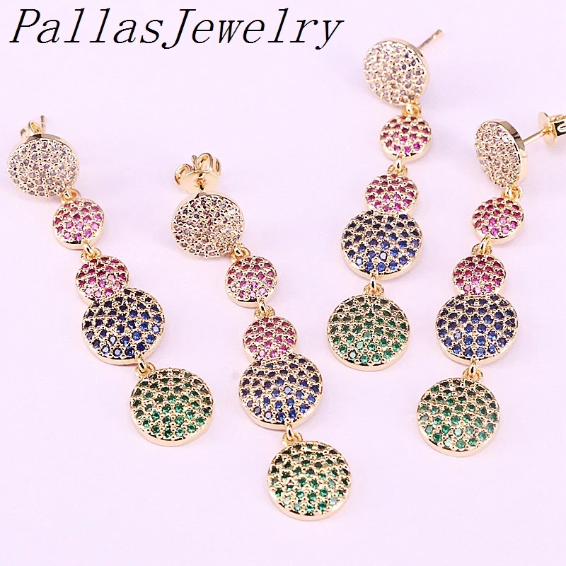 

3Pairs,NEW fashion Gold Party Rainbow CZ Round Dangling Earring Top Quality Micro Pave Zirconia Drop Earrings Women Jewelry