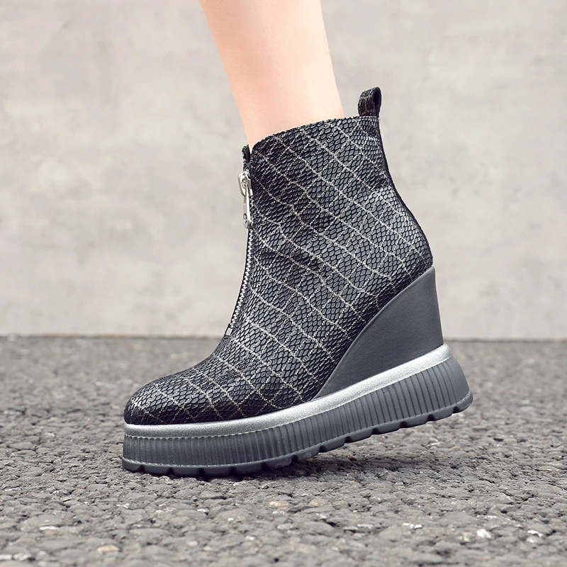 

WETKISS Casual Platform Boots Women Elevator Ankle Booties Female Sheepskin Shoes Ladies Emboss Wedges High Heels Shoes Women