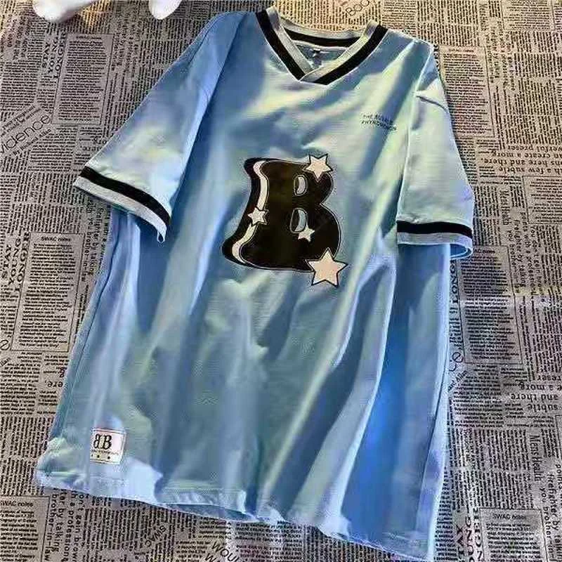 

Vintage Letter Print V Neck Oversized T Shirt Women Men Baseball Uniform T-shirt Short Sleeve Casual Shirt Summer Graphic Tee BF