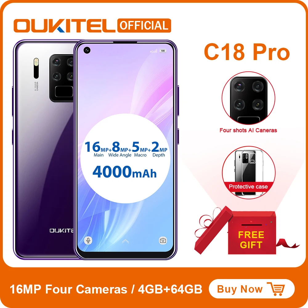 OUKITEL C18 Pro 6 55 дюймовый смартфон Android 9 0 4 камеры заднего Octa Core 4G Оперативная память 64G