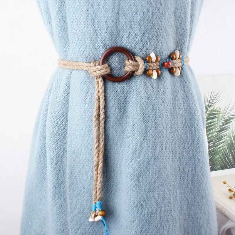 

Ladies Girls Small Fresh Braided Belt Japanese Literature Ethnic Style Thick Hemp Rope Round Wood Button Antique Waist Chain