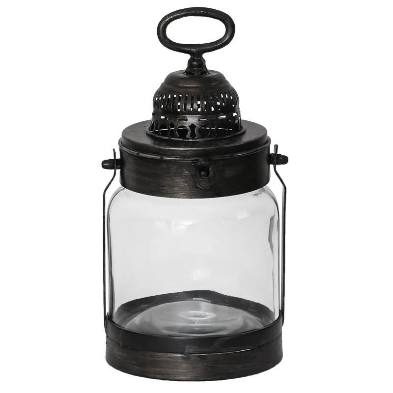 

Wrought Iron Glass Candlestick Industrial Lamp Retro Windproof Candle Holder Metal Outdoor Latern Portavelas Home Decor EB50ZT