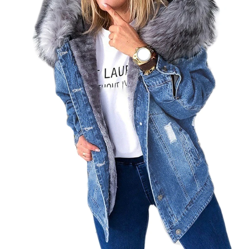 

Women Winter Warm Fluffy Collar Hooded Denim Jacket Warm Long Sleeve Button Coat XX9D