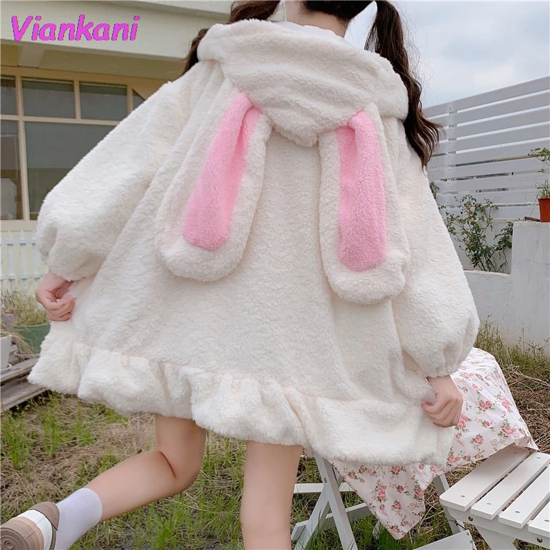 

Japanese Style Women Sweet Warm Jacket Kawaii Soft Lambswool Ruffles Rabbit Ears Hooded Coats Autumn Winter Girls Parkas Outwear
