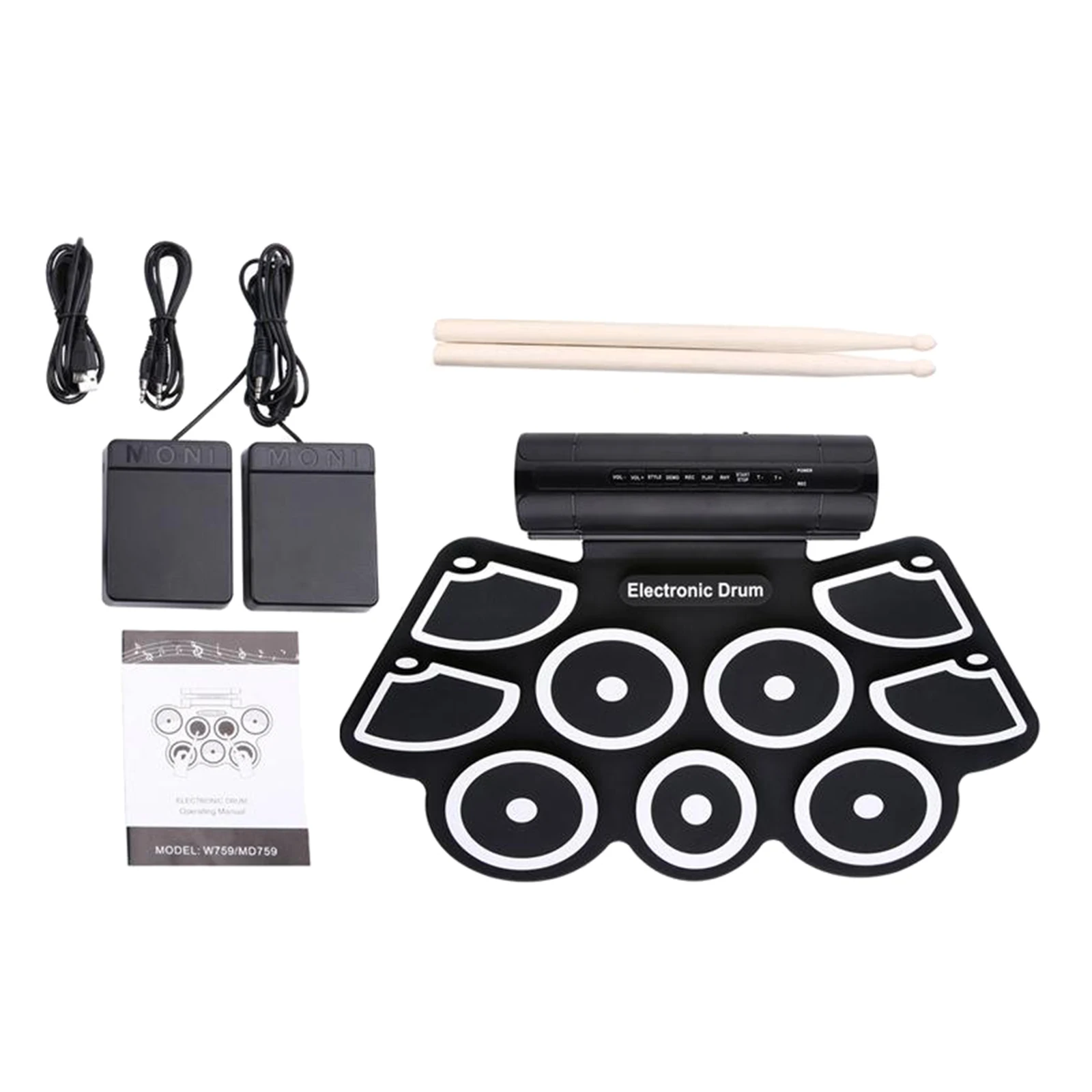 

USB Electronic Roll Up Drum Set Silicone Pads w/ Foot Pedals Sticks