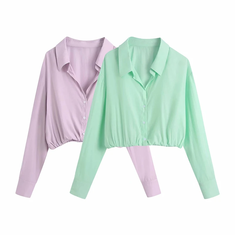 

Summer women's casual solid color lapel long-sleeved short shirt