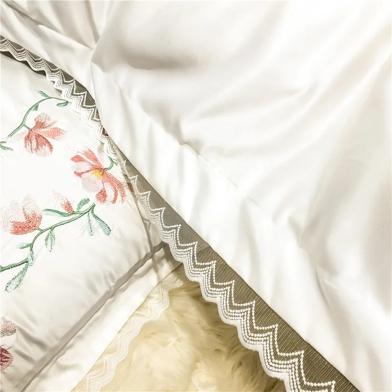 

Luxury Nordic Style Flowers Deer Embroidery Washed Silk Cotton Bedding set Lace Duvet Cover Bed Linen Fitted Sheet Pillowcases
