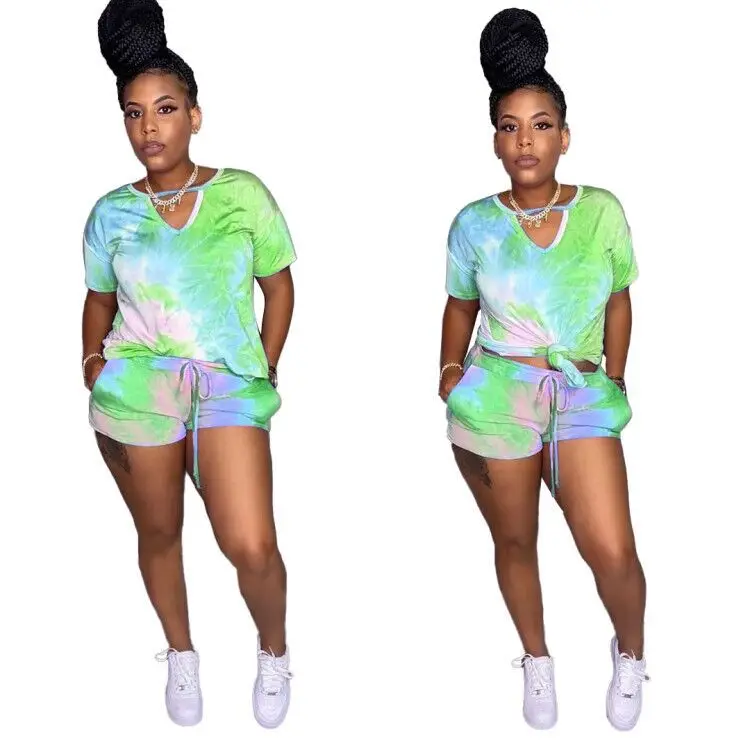 

Ursuper Foreign Trade New Women's Clothing Tie-Dye V-neck Casual Fashion Home Sports Shorts Two Piece Suit