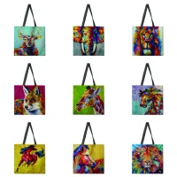 womens beach bag foldable shoulder bag shopping bag oil painting animal print tote bag linen casual tote bag reusable