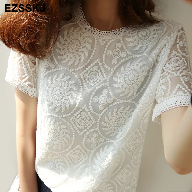 

Кружевная блузка, весна 2021, хлопковая блузка, женская блузка с коротким рукавом, рубашки для женщин, ажурные