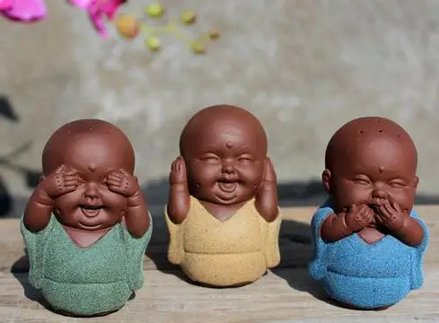 

Chinese Color Sand Handmade 3 Not Young Monk Furnishing Articles Tea Pet Buddha Statue A Set 3 Pcs