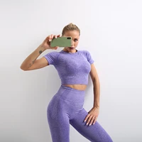 womens sportswear yoga set outfit clothes gym leggings seamless fitness bra crop top short sleeve moota sportswear