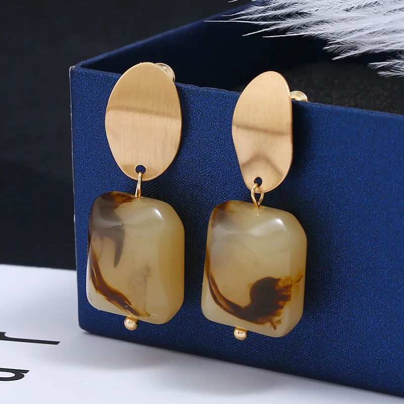 New Fashion Brushed Gold Color Deep Blue Resin Pendant Statement Copper Drop Earrings for Women Girls Party Jewelry | Украшения и