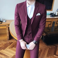 2020 spring new mens single breasted gentleman slim suit british three pieces suit fashion mens striped wedding groom suit