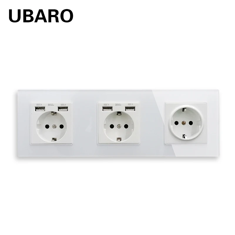 

UBARO 258*86mm German Standard Crystal Tempered Glass Panel Wall Socket Usb 5V 2A Electrical Outlet Power Plug AC110-250V 16A
