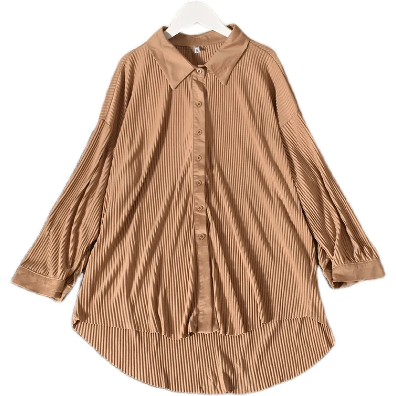 

2021 New Spring Autumn Korean turn-down collar long sleeve Shirt single breasted loose casual solid pleated Shirt Top