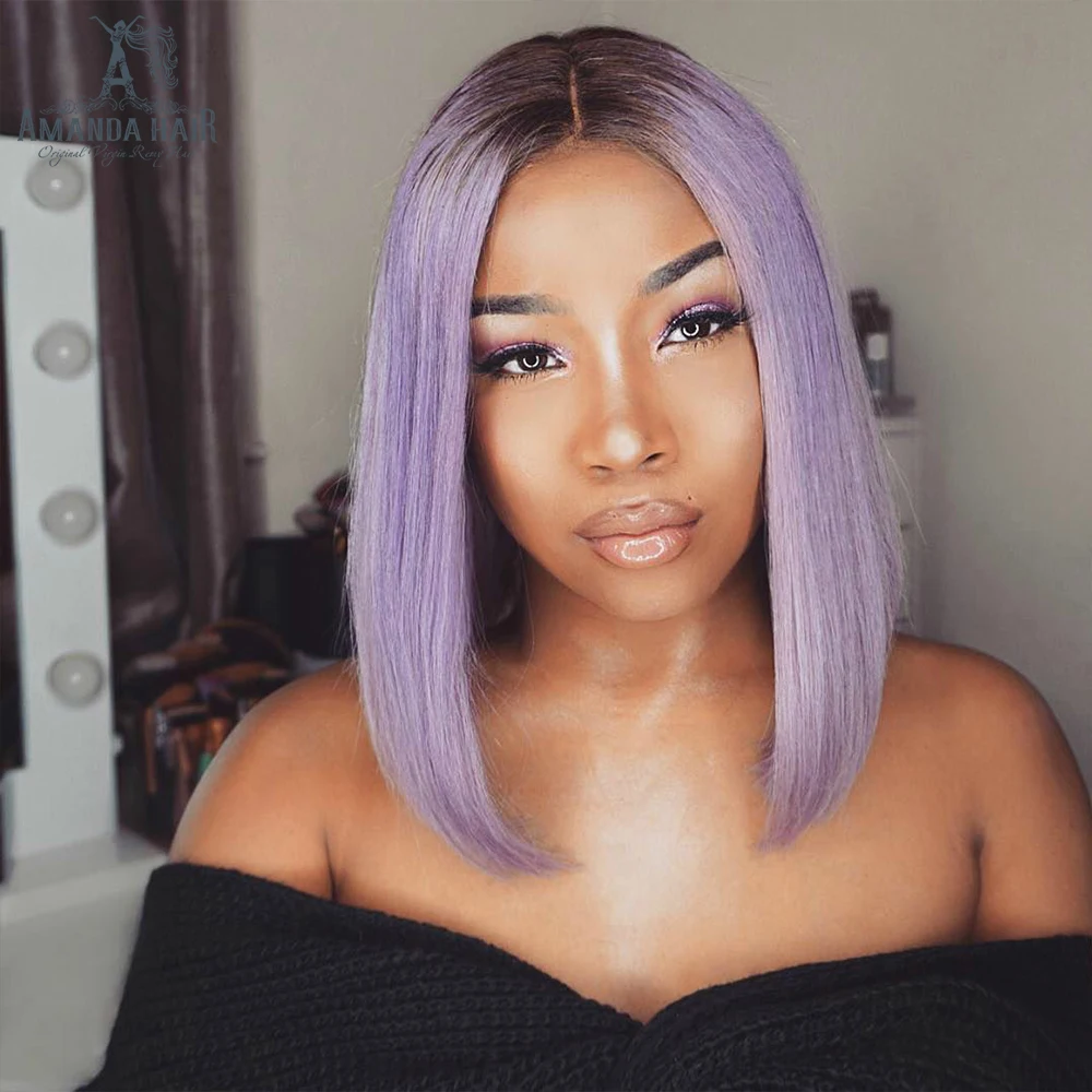 Amanda Brazilian Straight Hair Bob Wig Human 1b/purple Middle Part 13x6 Lace Front for Black Women Remy | Шиньоны и парики