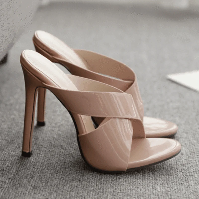 

2021 Fashion PU Slippers Summer Concise Peep Toed Thin High Heel Slip On Round Toe Slides Women Mules Apricot Size 35-40