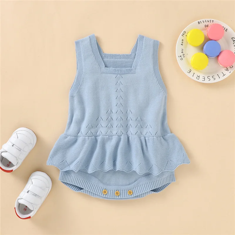 

0-18Months Baby Girls Cotton Romper,Solid Color Square Collar Sleeveless Summer Cool Romper for Children Girls,Blue/ Pink/ White