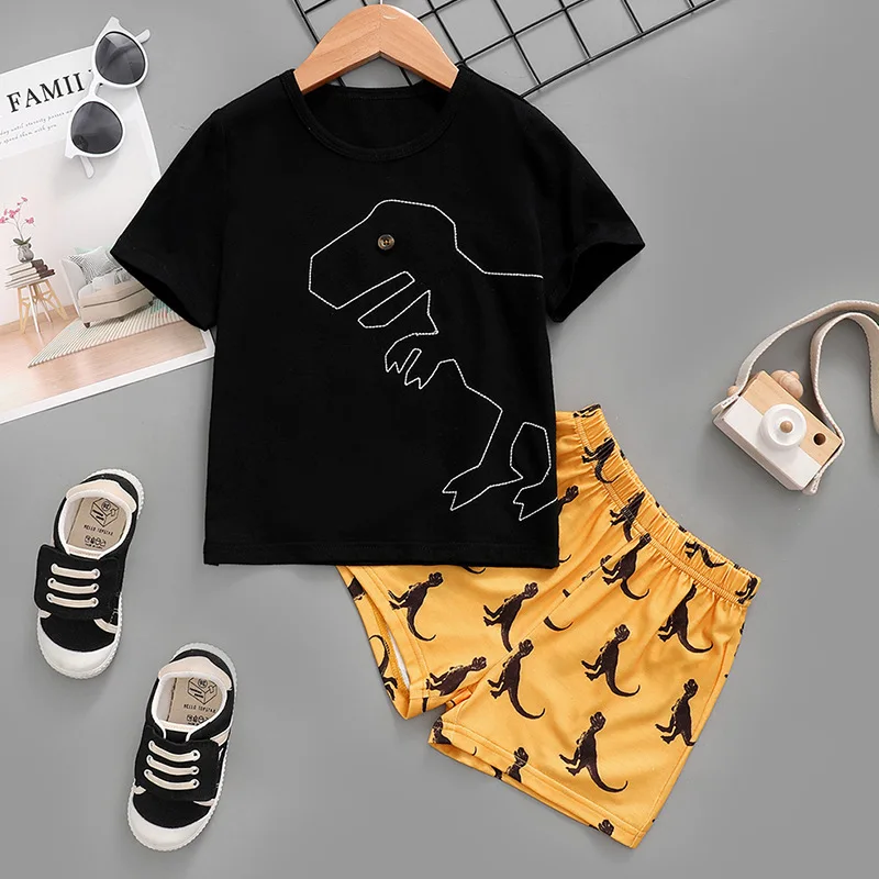 

2022 Summer Children Sets Short Sleeve Print Dinosaur T-shirt Yellow Shorts 2Pcs Roupa Infantil Menina Clothes Sets 18M-6T