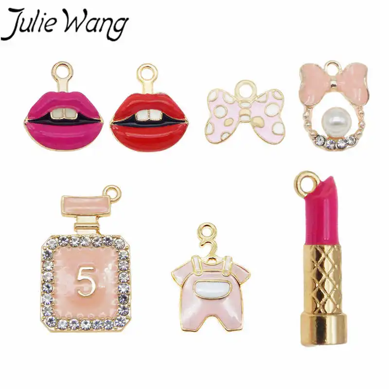 

Julie Wang 7 шт. Смешанные Подвески, розовая эмалевая помада, бутылка для губ, золотой тон, металлические подвески, серьги, браслет, аксессуары для...