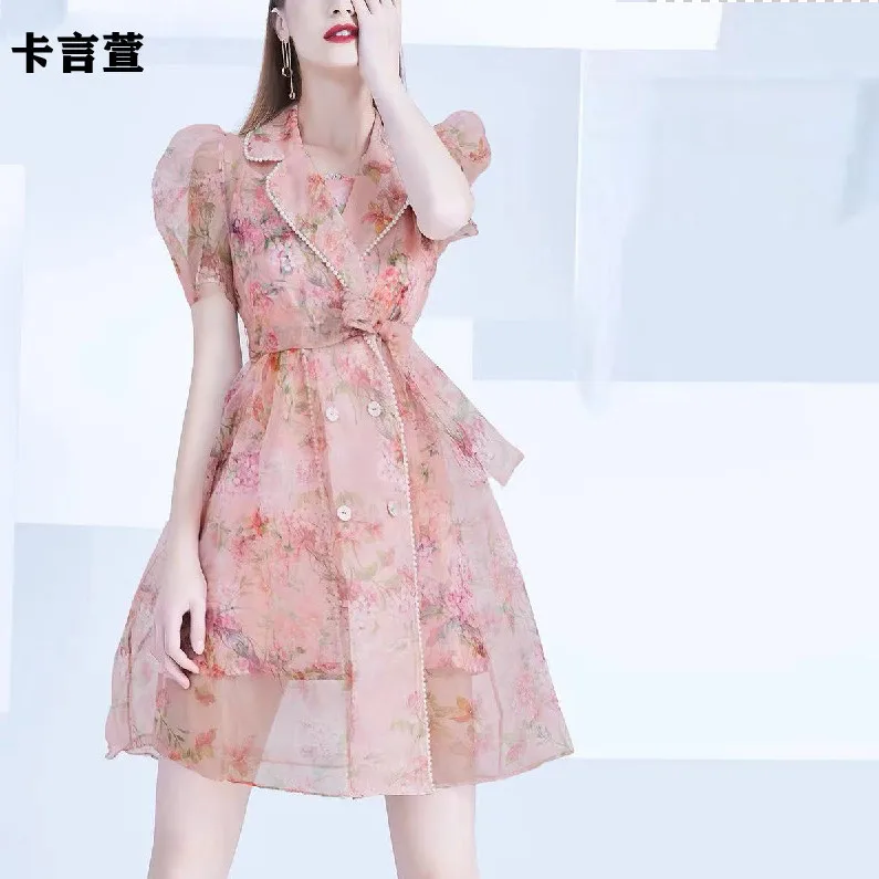 

French gentle wind floral silk dress women's summer 2021 new age-reducing slim bubble sleeve large pendulum skirt