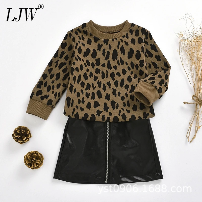 

girls suit 2021 new Girls' Leopard spring long sleeve + leather skirt 2-piece suit 1-5 years new trend girls clothes