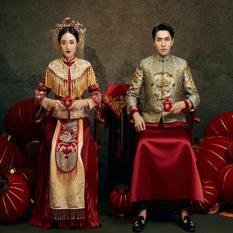 Wedding Costume Chinese Style Marriage Set Bridegroom Toast Clothing Dragon Embroidery Cheongsam Large Size
