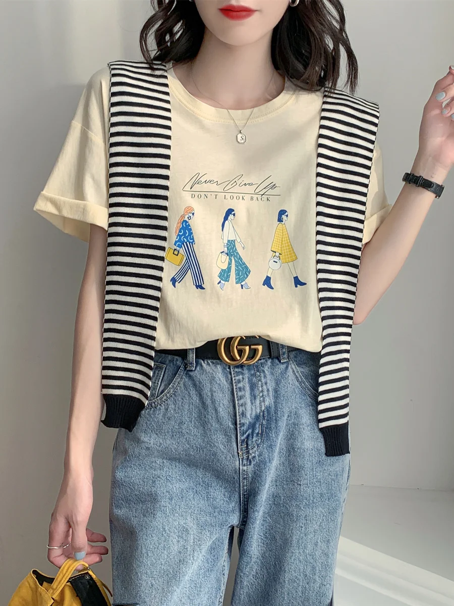 

Korean Fashion Lady Print White Loose T Shirt Women Cotton Short Sleeve Tee Shirt Femme Casual Tshirt Ins 2021 Summer Tops