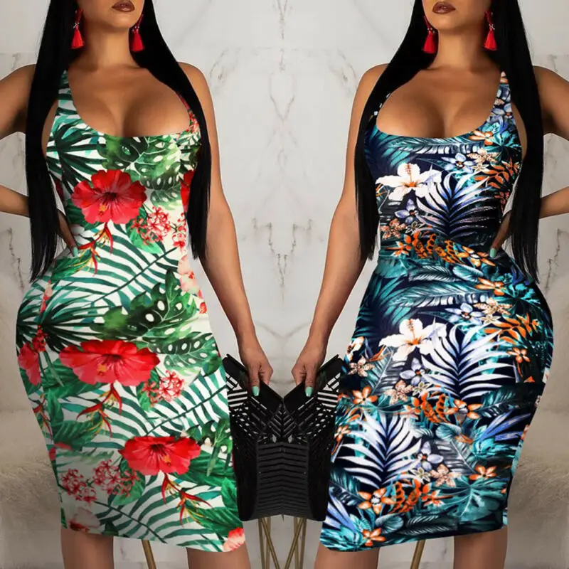 

Fashion Women Sleeveless Backless Floral Design Dress Bandage Bodycon Slim Party Cocktail Club Dress