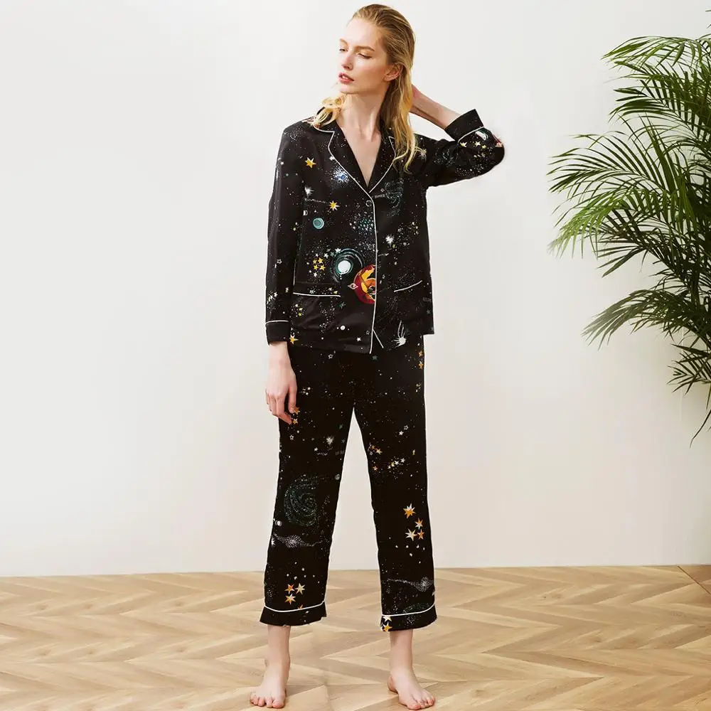 100% silk satin lady sleepwear,girl sleep shirts and pants in romantic starry sky printed fabric, luxury pajamas set for women