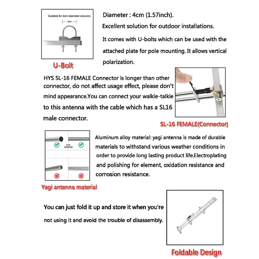 

HYS 7dBi Yagi Antenna UHF 400-470Mhz Foldable Outdoor Antenna for Baofeng Motorola Yaesu Kenwood Mobile Radio Transceiver