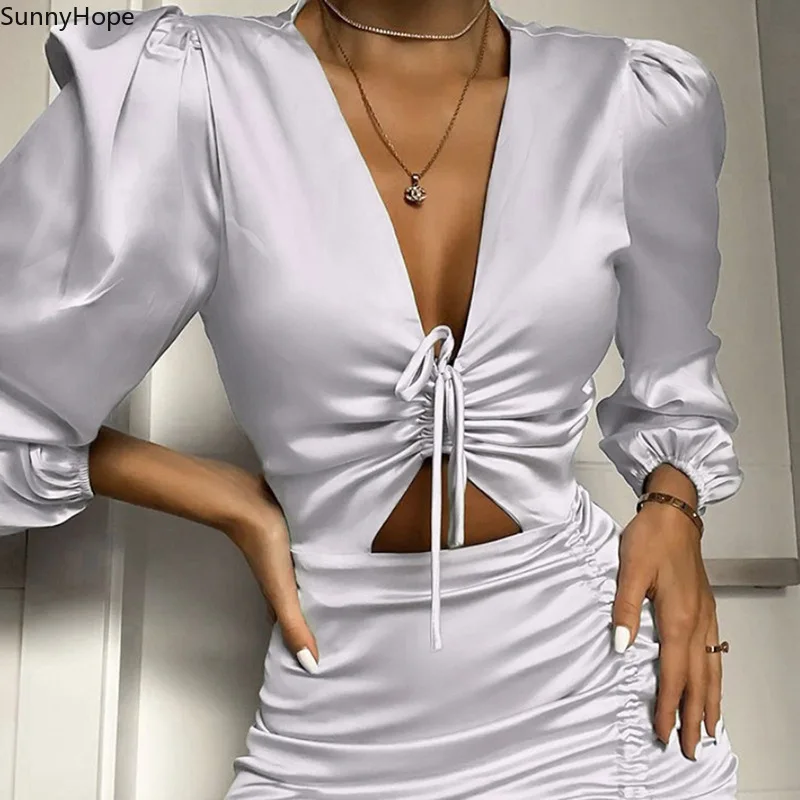 

Women's Satin Dresses Lace Up Ruffle Hollow Out Long Sleeve Ruched Mini Dress Fashion Autumn 2021 Ladies Clubwear