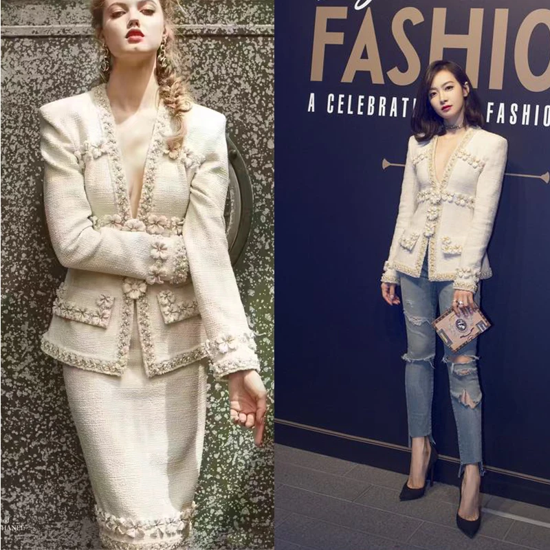 New  small fragrance coat skirt autumn   winter  order pearl wool tweed   Can be customized size