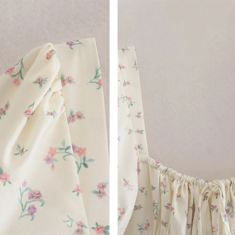 

Summer Women's Dress 2021 Short Puff Sleeve Flroal Printed Party Dresses High Split Midi Boho Dress Drawstring Vestido Sundress