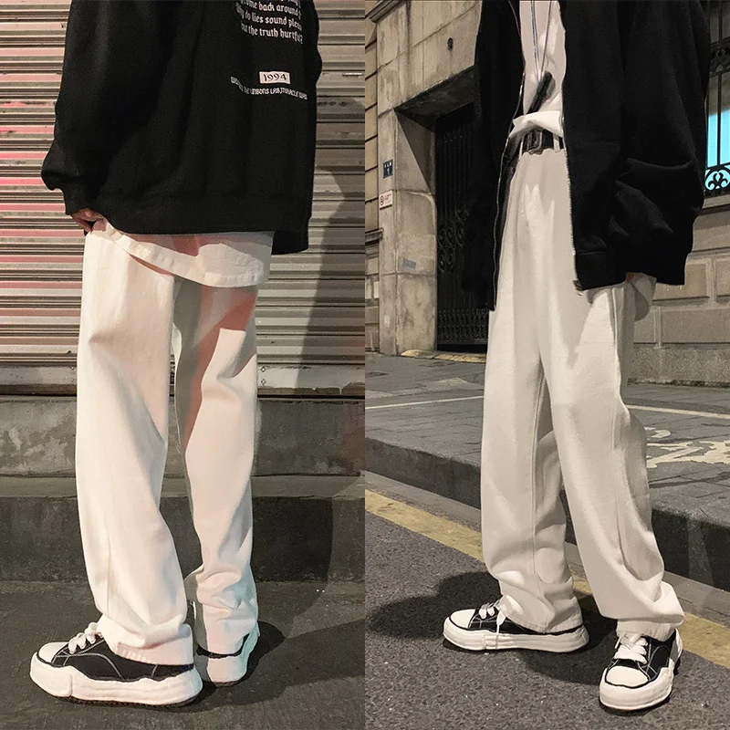 Cotton White Baggy Jeans Men Fashion Casual Wide-leg Jeans Men Streetwear Loose Hip-hop Straight Denim Pants Mens Trousers M-2XL