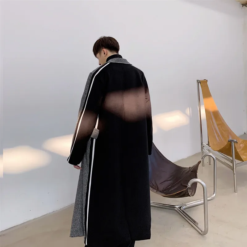 Тренчкот мужской длинный шерстяной в клетку модная винтажная уличная одежда