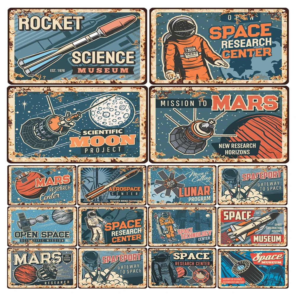 

Винтажная Оловянная табличка с космическим кораблем, металлические знаки, ракета, космос, Ретро плакат, плакат для дома, мальчика, детской к...