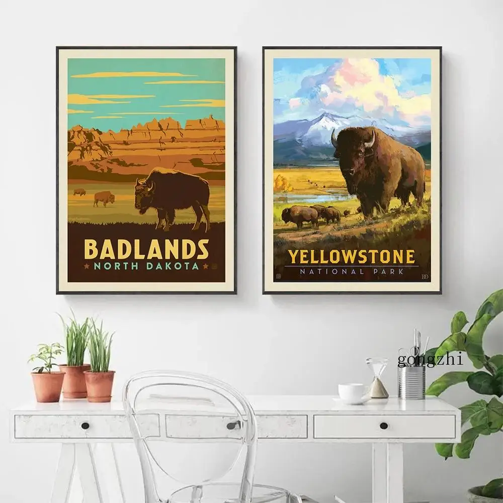 

Badlands North Dakota Poster Yellowstone National Park Cattle Bison Canvas Painting Prints Wall Art Pictures Living Room Decor