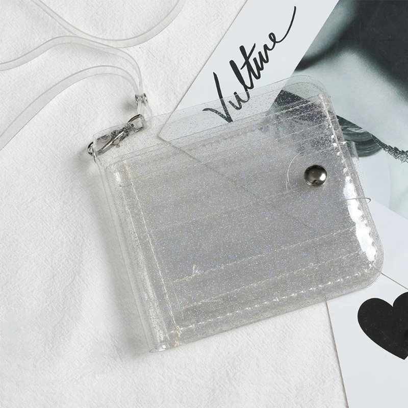 

Portable Women Clear Wallet Lanyard Cute Glitter Bifold Purse Card Holder Pouch Office Work