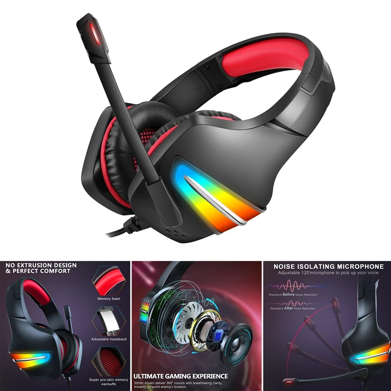 

Игровая гарнитура J6 с микрофоном и шумоподавлением, игровые наушники со светодиодсветильник кой для телефона, ноутбука, PS4,PS5, ПК,