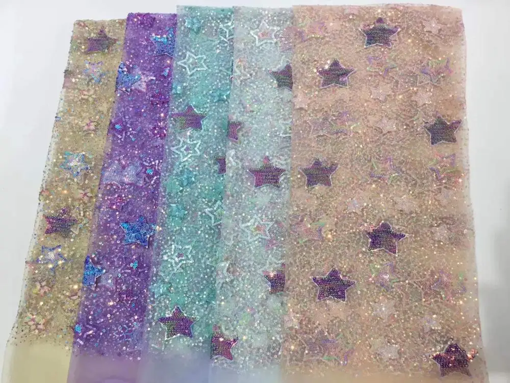 

(5yards/pc) high quality African wedding lace fashion stars embroidered French net lace fabric with sequins for party FRR088