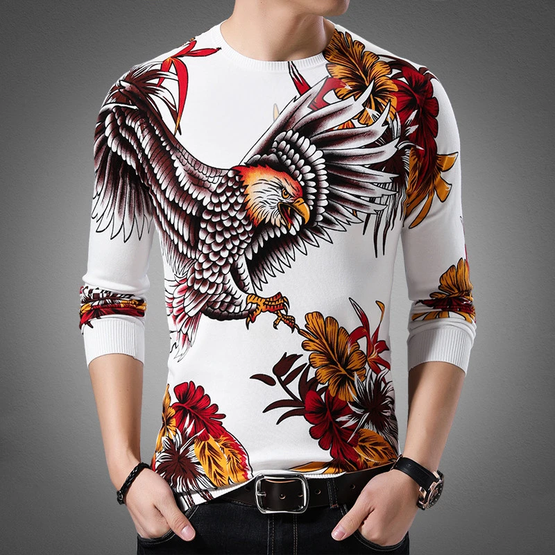 Вязаный свитер с круглым вырезом и рисунком Орла для мужчин 2020 пуловер